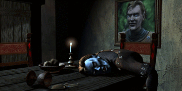 Vayarad after being poisoned, with the portrait of the real Lord Falorel behind him (Search for a Killer  prologue)