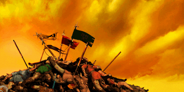 A pile of dead bodies likely showing the banners of Houses Kilgor, Degab, Telez and Vilmit (Clan War  prologue)