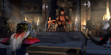 Kilgor displaying the head of Boragus after taking the throne of Krewlod (For the Throne  epilogue)