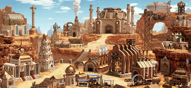 Pre-final version of the Factory with an Airship building available in the town