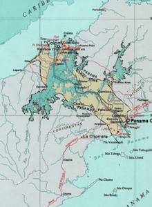 Map of the Panama Canal Zone. The Caribbean Sea is at the top left, the Gulf of Panama is at bottom right.