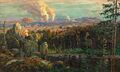 Осенний пейзаж. Вид на завод им. Куйбышева (1949, картон, масло)