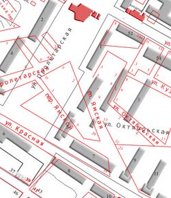 Карта-схема Ямского переулка и Ямской улицы начала 1960-х, наложенная на современную (2013) карту города